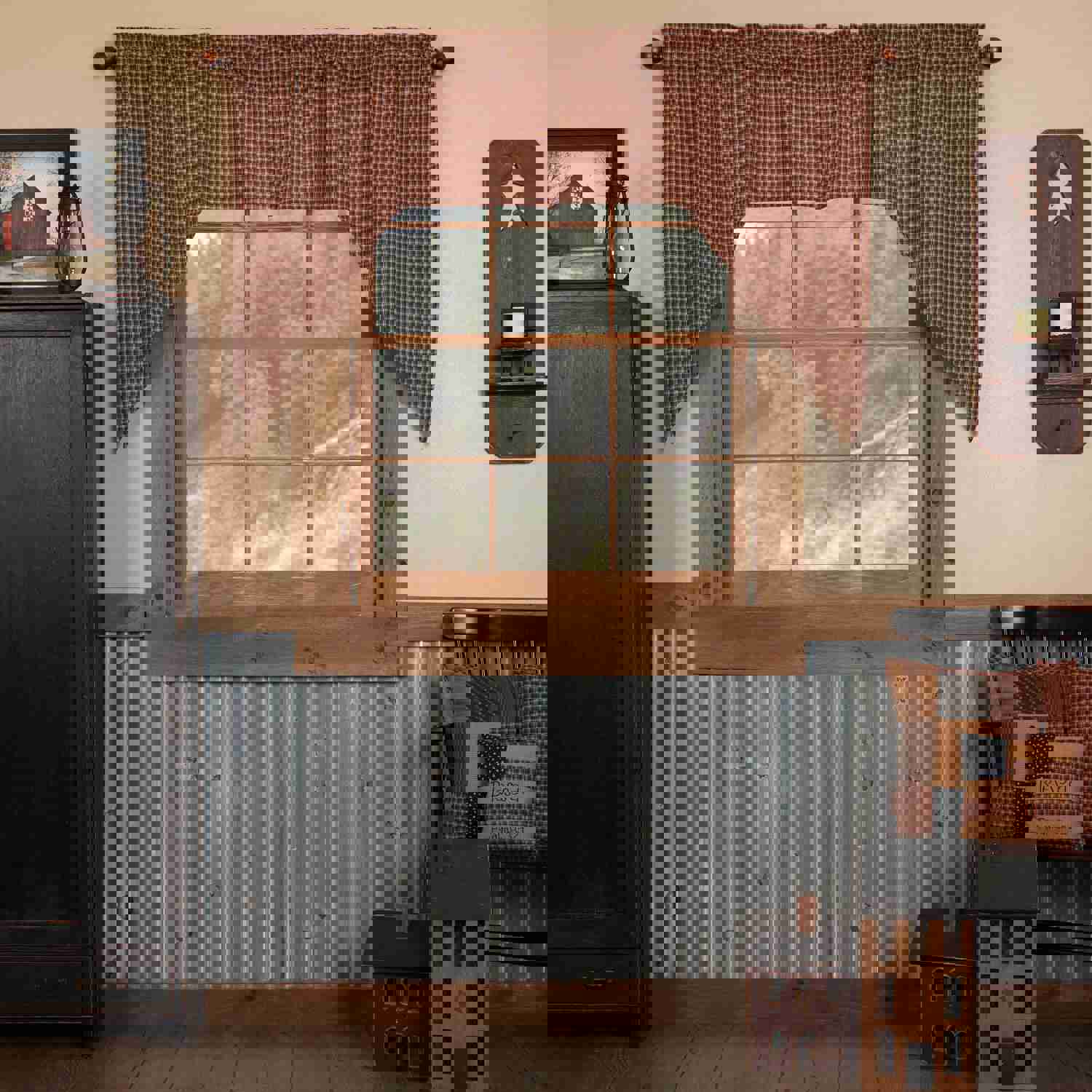 Patriotic Patch Prairie Swag Set, 36x36x18, Red Tan Window Curtains
