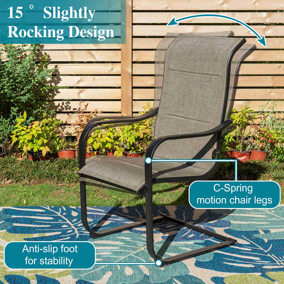 PHI VILLA Outdoor Dining Set with Adjustable Table & C-Spring Chairs