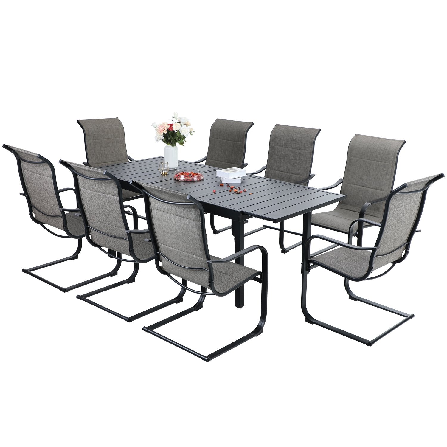 PHI VILLA Outdoor Dining Set with Adjustable Table & C-Spring Chairs