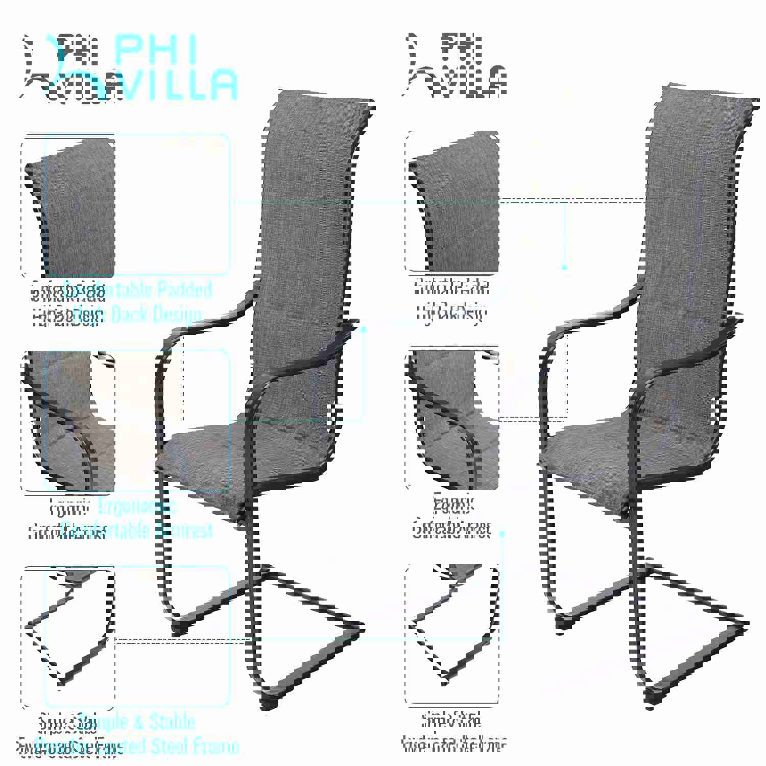 PHI VILLA Outdoor Dining Set with Adjustable Table & C-Spring Chairs