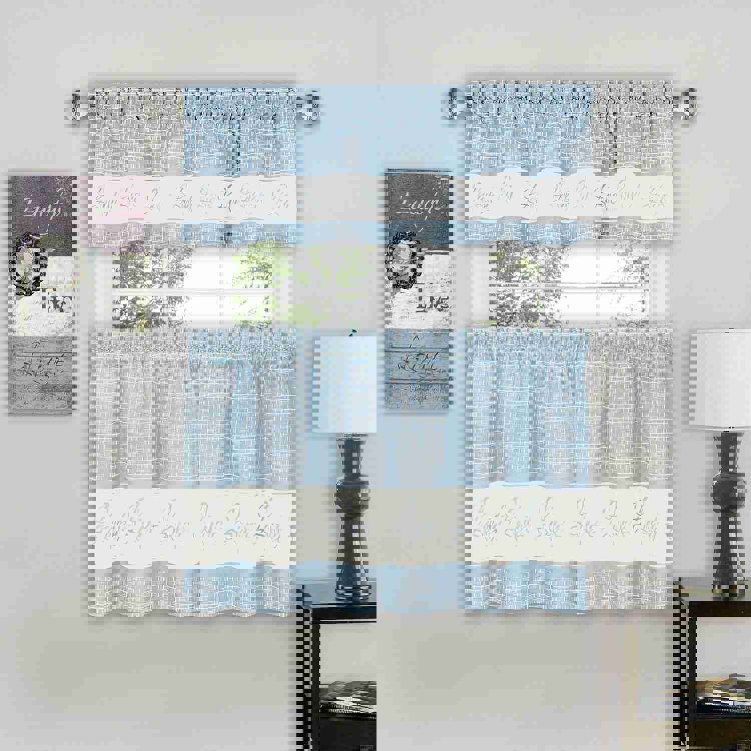 Live Laugh Love 3-Piece Kitchen Curtain Set, Light Blue, Tiers 58x36, Swag 58x14 Inches