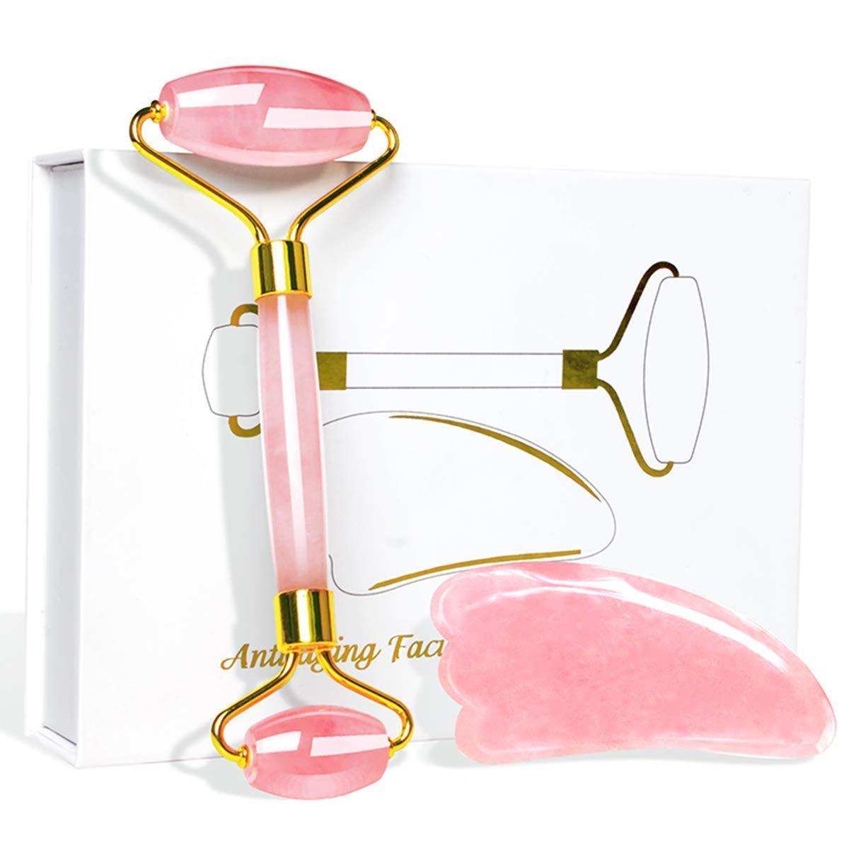 Rose Quartz Jade Roller & Gua Sha Set - Anti-Aging Facial Massage Tool for Slimming & Skin Care