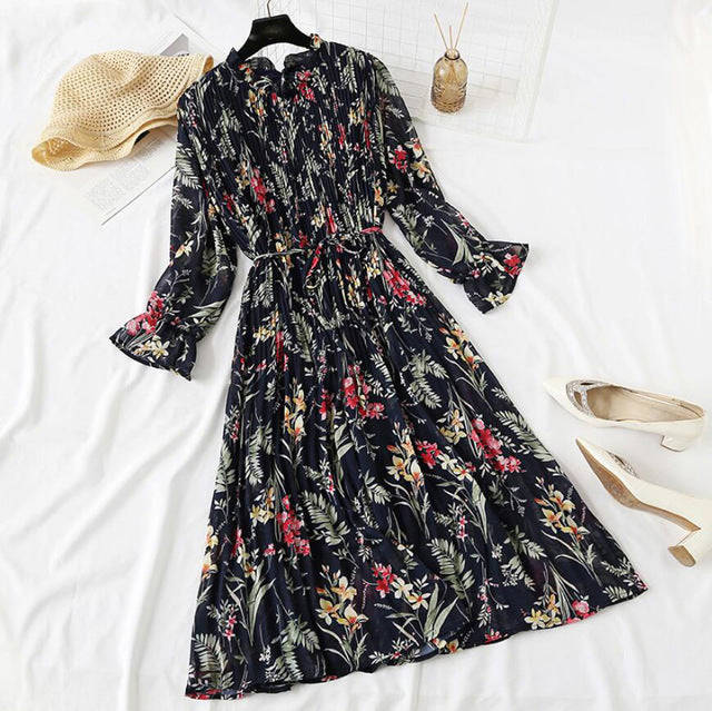 Elegant Polka Dot Women Dress - Vintage A-Line Chiffon Dress with Flare Sleeves
