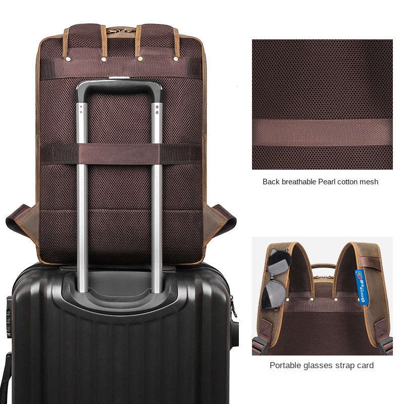 Crazy Horse Leather Backpack - Large Capacity Travel Bag for 15.6 Inch Laptop