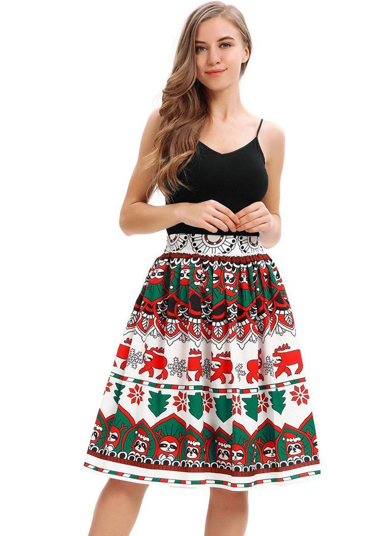 Fashion Women's Christmas Elves Print Striped Knee-Length Dress