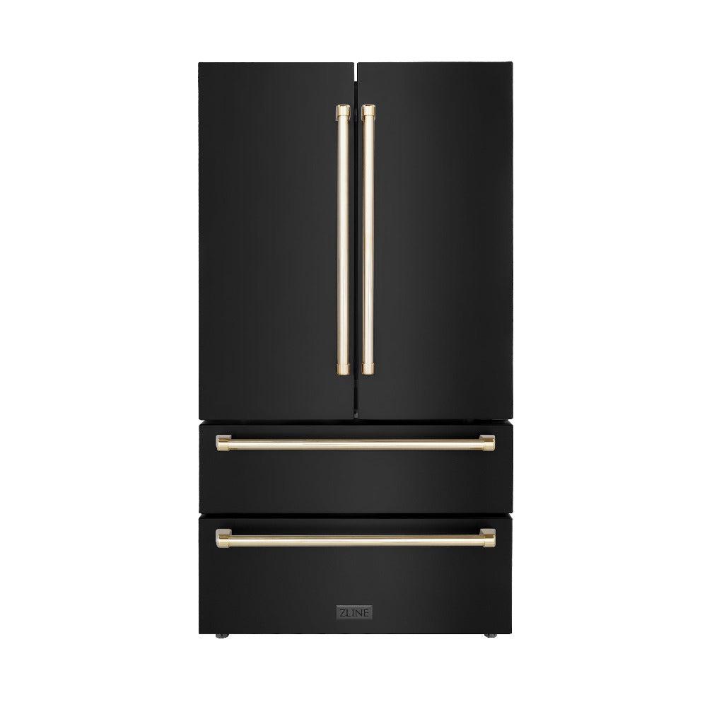 ZLINE Autograph Edition 36 in. French Door Refrigerator with Ice Maker - Fingerprint Resistant Black Stainless Steel & Polished Gold Accents