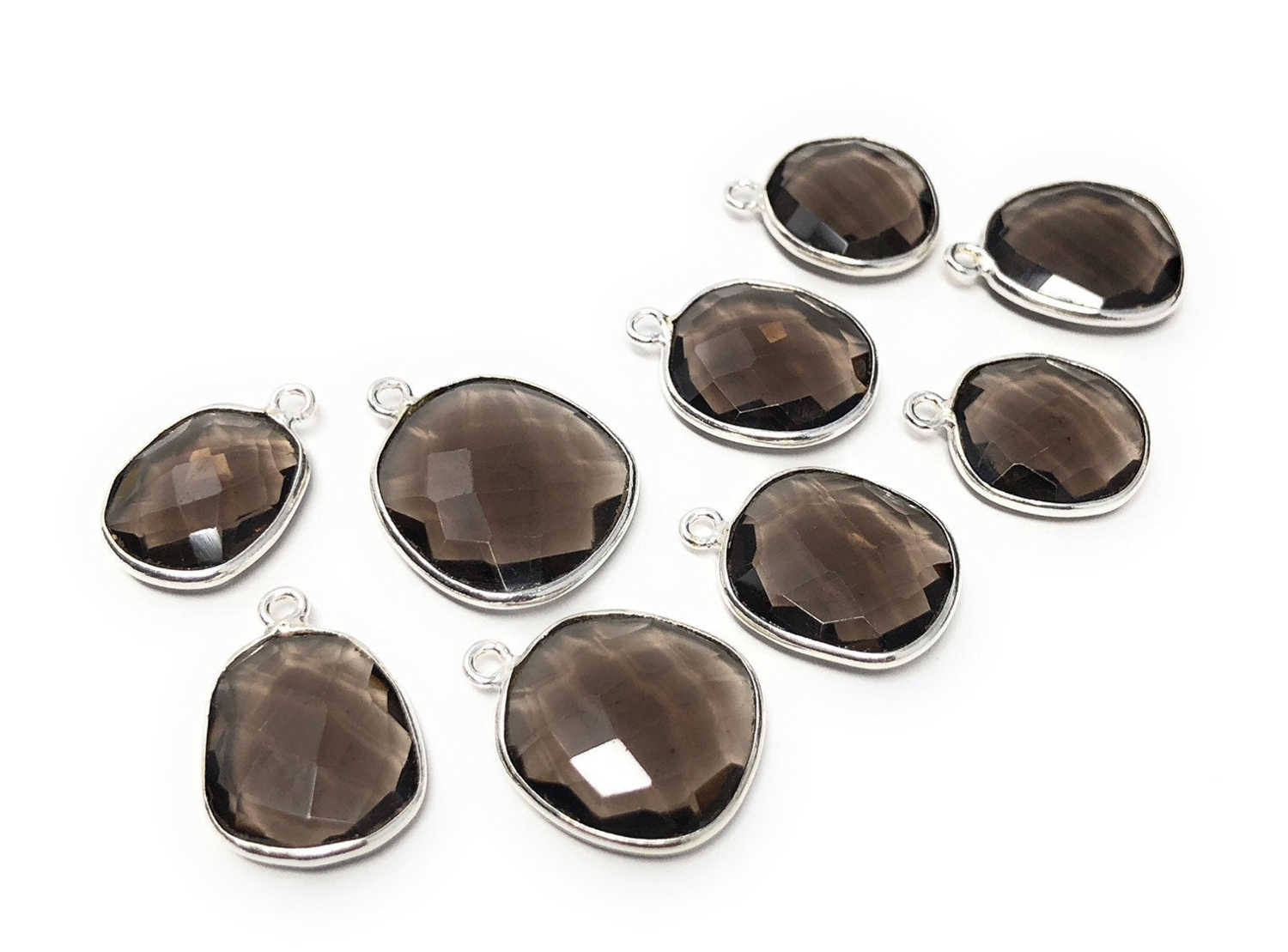 5Pcs Smokey Quartz Charms, Sterling Silver Gemstone Charms for DIY Jewelry Making