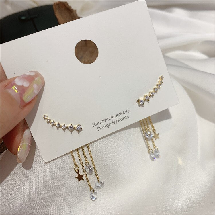 Elegant Women's Copper Inlaid Zircon Leaf Long Five-Pointed Star Tassel Earrings