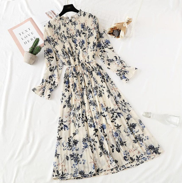 Elegant Polka Dot Women Dress - Vintage A-Line Chiffon Dress with Flare Sleeves