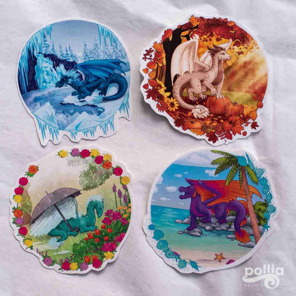 4 Pack Seasonal Dragons Stickers - Whimsical and Sweet Designs for All Seasons