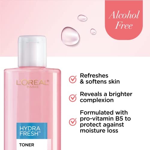 L'Oreal Paris HydraFresh Alcohol-Free Toner with Pro-Vitamin B5 for Smoother, Brighter Skin, 2 Count