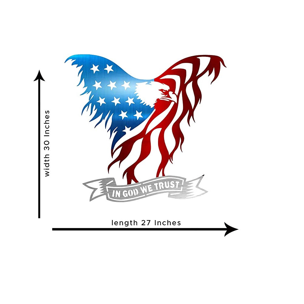 Precision Metal Art Laser Cut American Eagle Steel Wall Art with ‘In God We Trust’ Banner – 30” Patriotic 3D Wall Décor