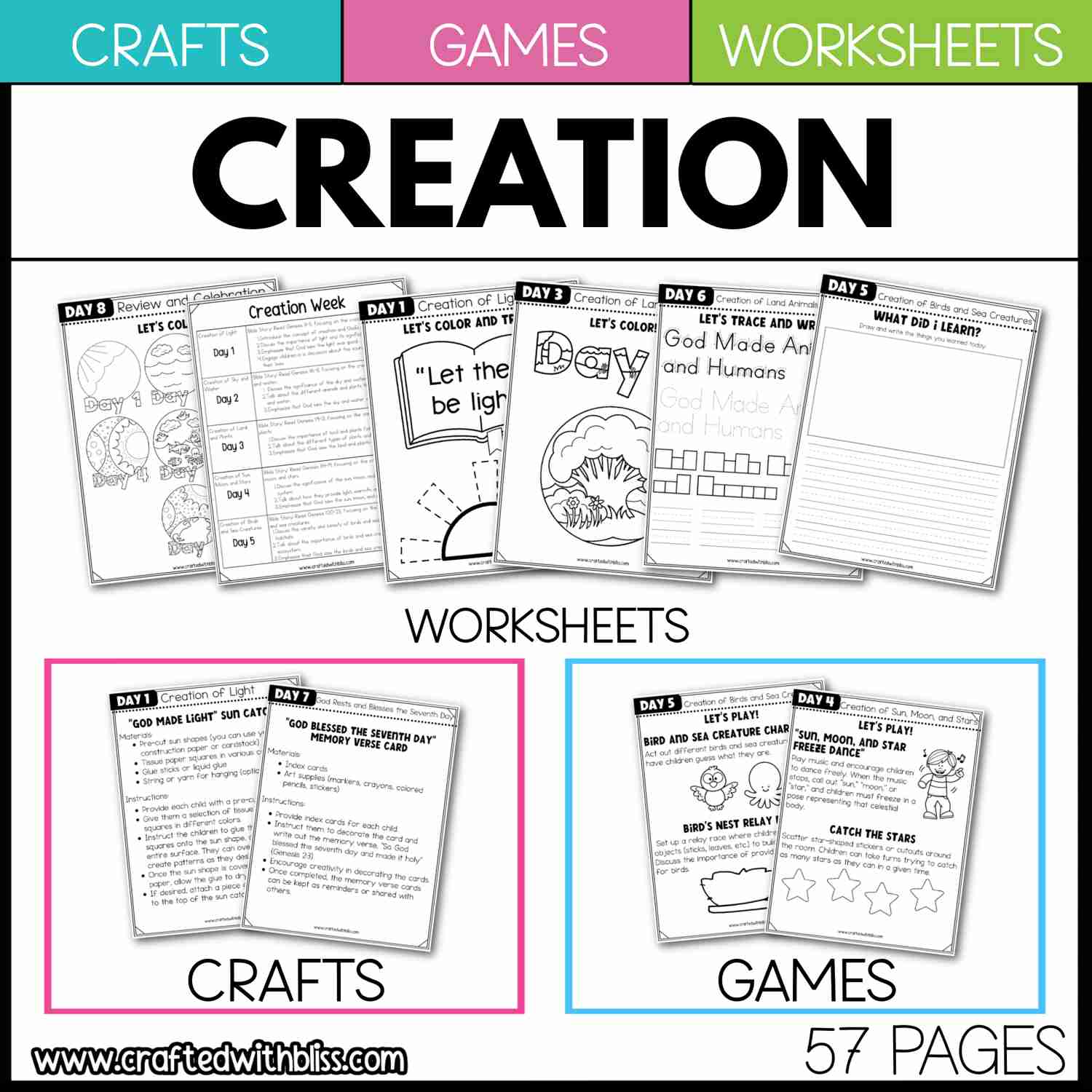 Creation Bible Story Worksheet Games Crafts for Christian Sunday School Prek-1