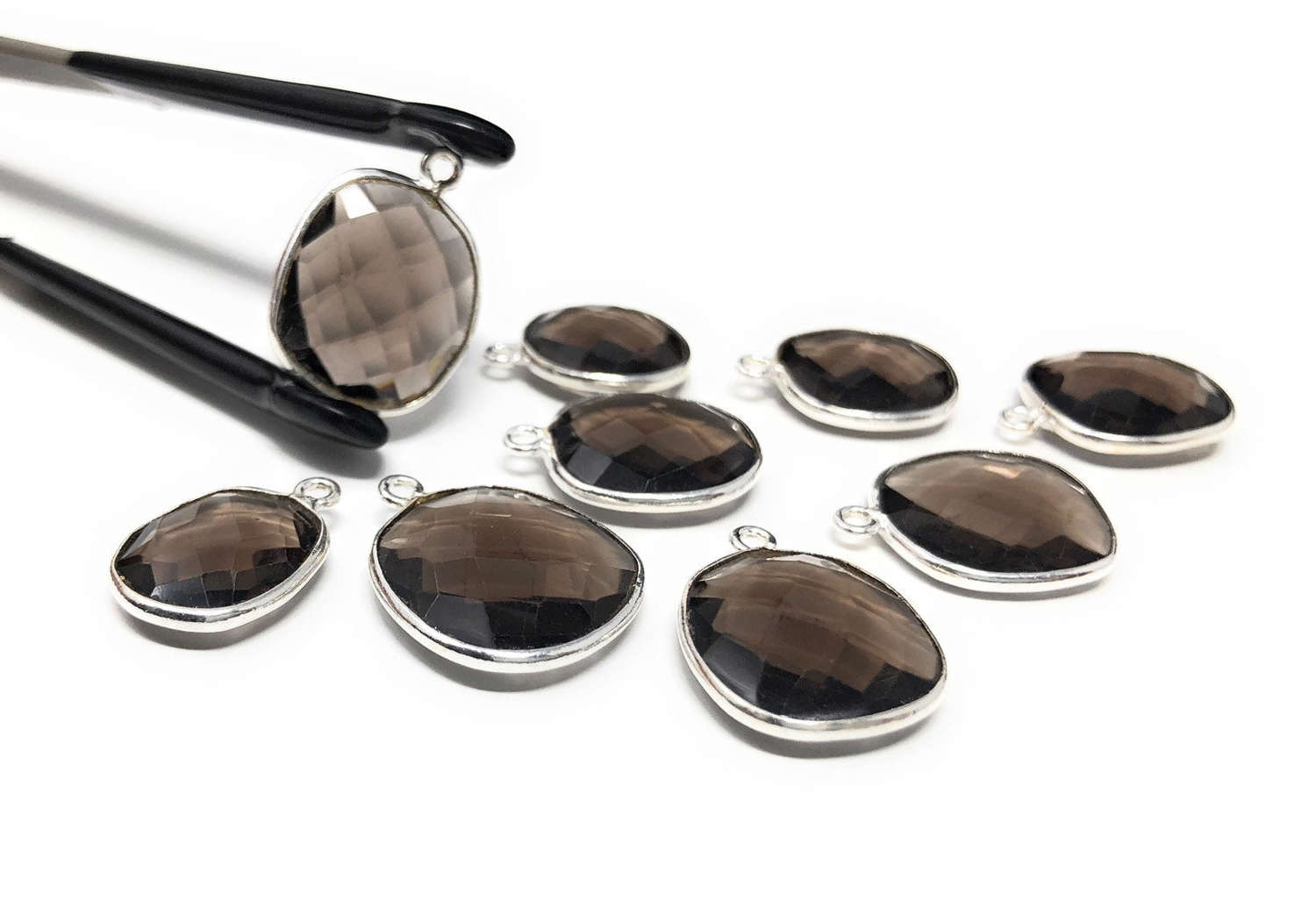 5Pcs Smokey Quartz Charms, Sterling Silver Gemstone Charms for DIY Jewelry Making