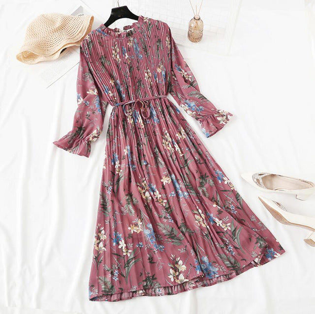 Elegant Polka Dot Women Dress - Vintage A-Line Chiffon Dress with Flare Sleeves