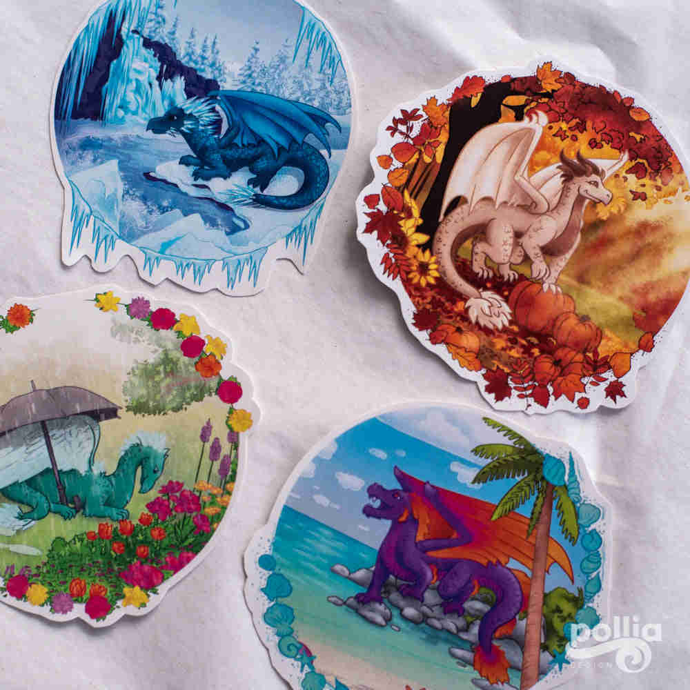 4 Pack Seasonal Dragons Stickers - Whimsical and Sweet Designs for All Seasons