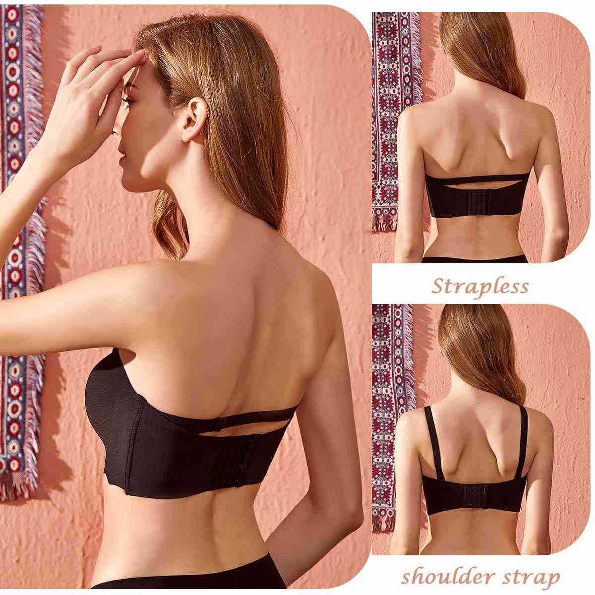 Bettybra® Women's Push Up Bandeau Bra - Convertible Strapless No Wire Lift Up Bra (BUY ONE GET ONE FREE) - BLACK+BEIGE