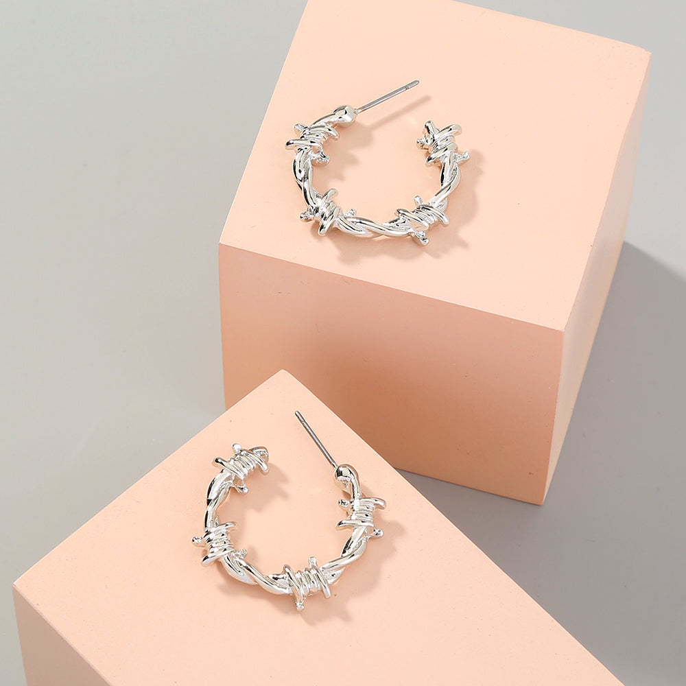 European and American Fashion Street Trend Cold Wind Metal Texture Knotted Thorn C-Shaped Earrings
