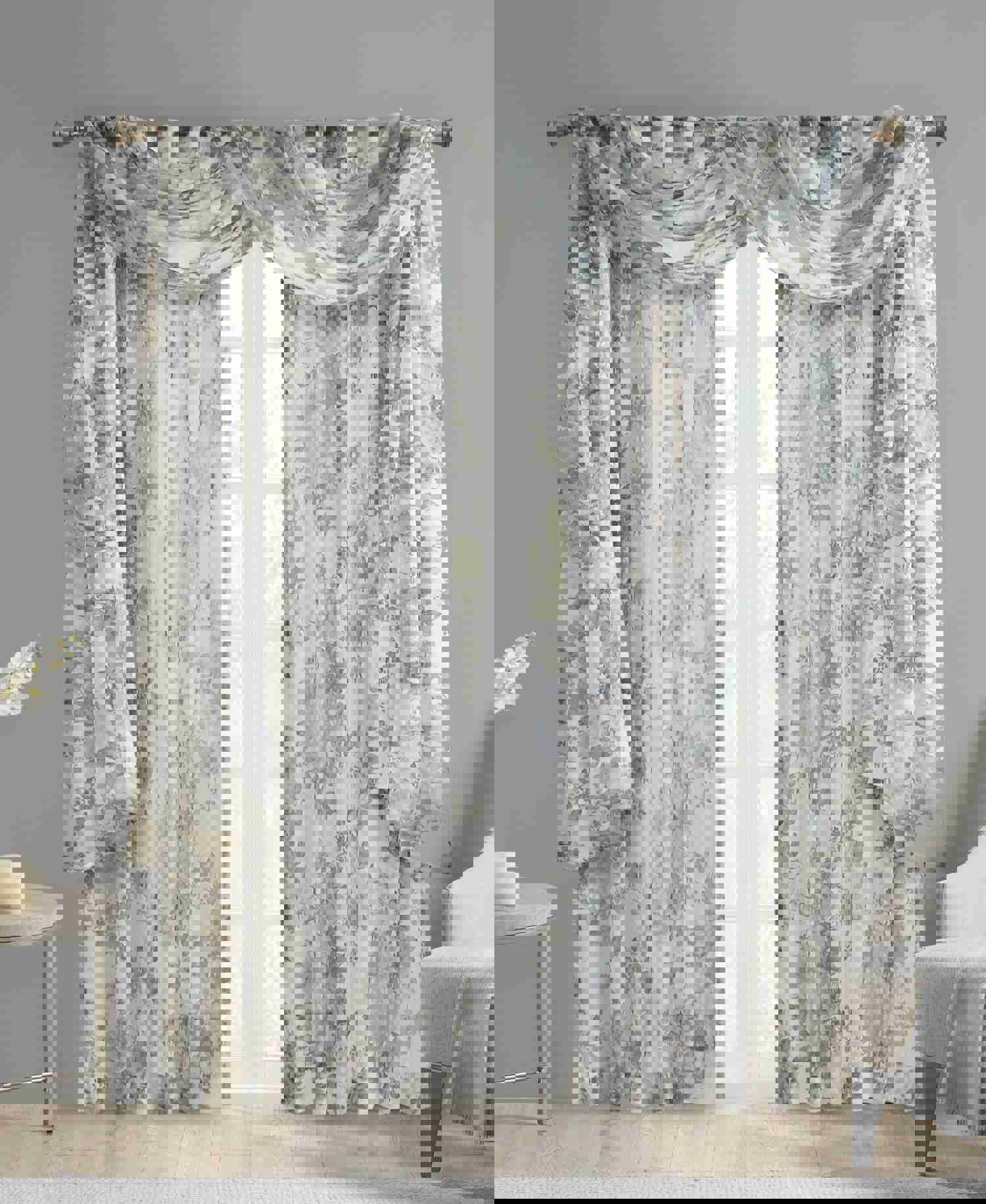 Fleur Rod Pocket Voile Sheer Curtain in Stone Grey