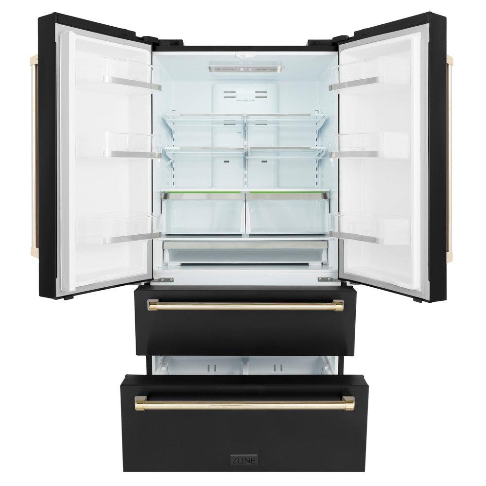 ZLINE Autograph Edition 36 in. French Door Refrigerator with Ice Maker - Fingerprint Resistant Black Stainless Steel & Polished Gold Accents