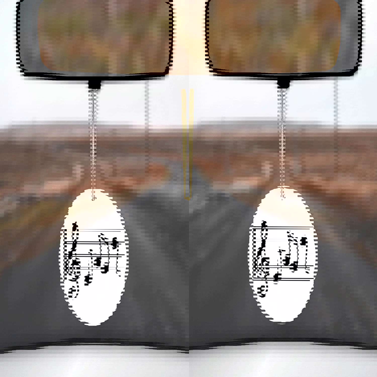 DistinctInk® Hanging Ceramic Christmas Tree Ornament with Gold String - Treble Staff Music Notes