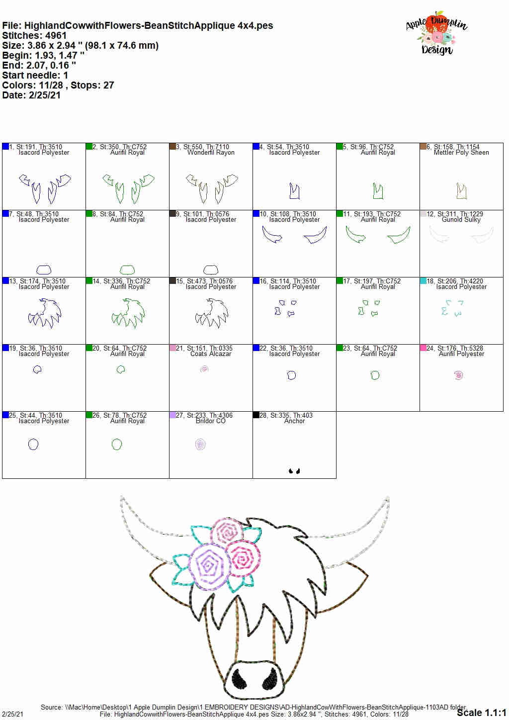 Highland Cow with Flowers Bean Stitch Applique Embroidery Design