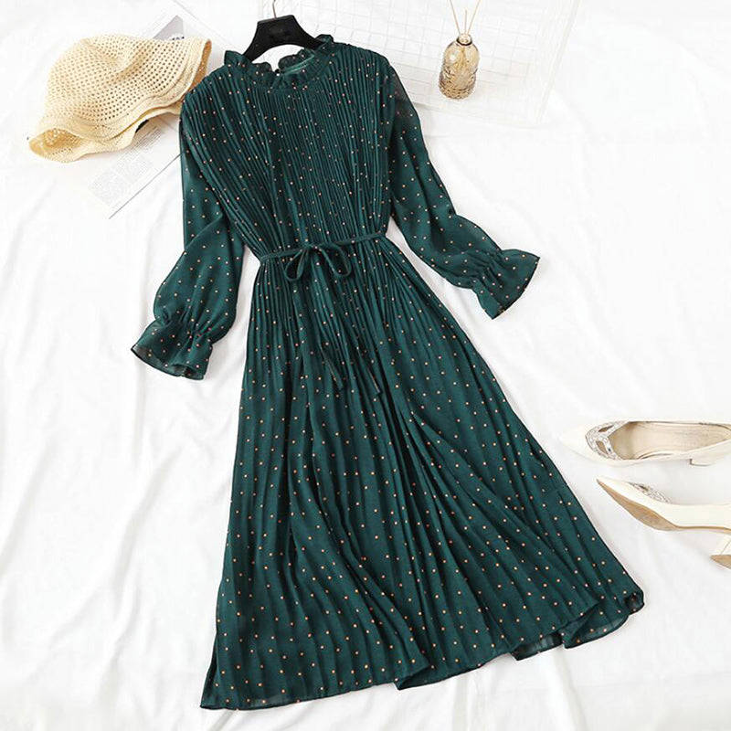 Elegant Polka Dot Women Dress - Vintage A-Line Chiffon Dress with Flare Sleeves