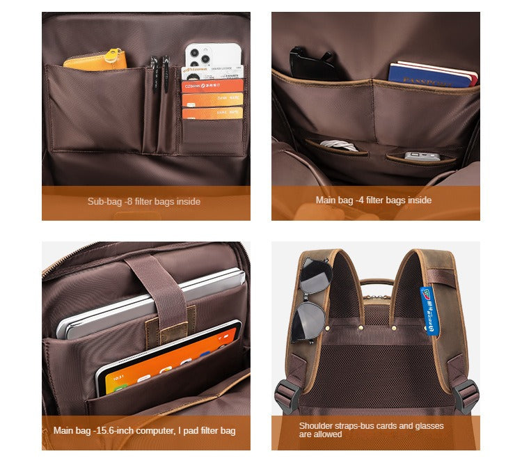 Crazy Horse Leather Backpack - Large Capacity Travel Bag for 15.6 Inch Laptop