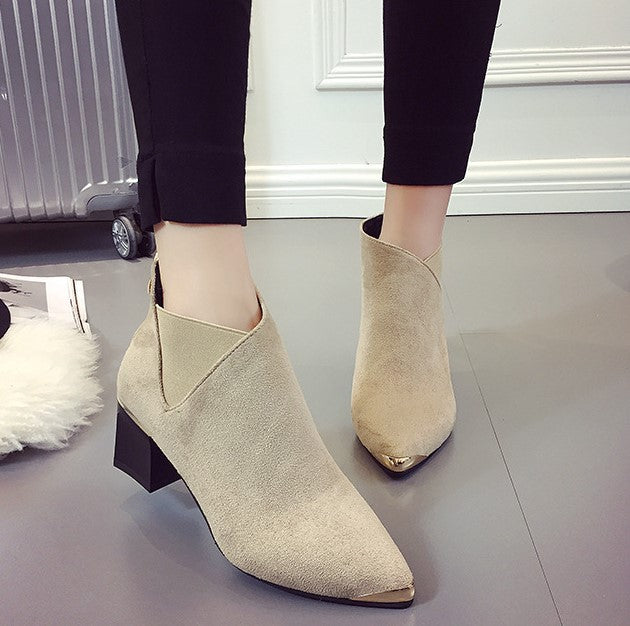 Women's PU Leather Square-Heeled Ankle Boots with Metal Decorations for Autumn/Winter