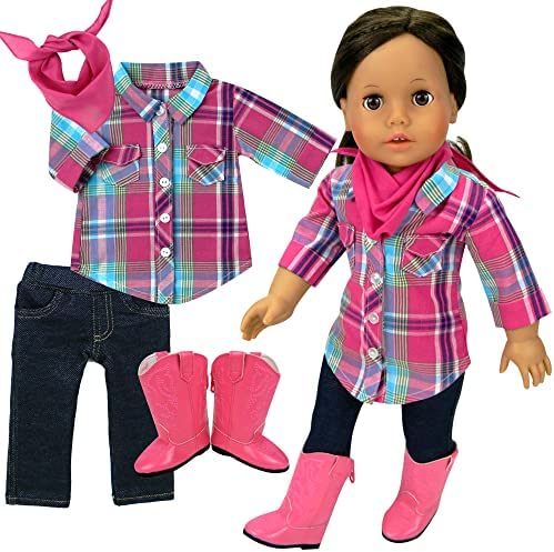 Sophias Plaid Button Up Blouse, Denim Jeggings with Pockets, Pink Bandana, and Pink Cowgirl Boots Outfit 4 Piece Set for 18 Dolls
