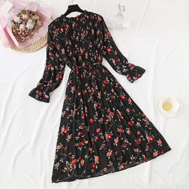 Elegant Polka Dot Women Dress - Vintage A-Line Chiffon Dress with Flare Sleeves