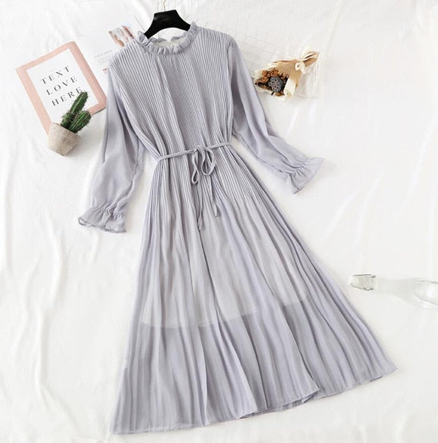 Elegant Polka Dot Women Dress - Vintage A-Line Chiffon Dress with Flare Sleeves