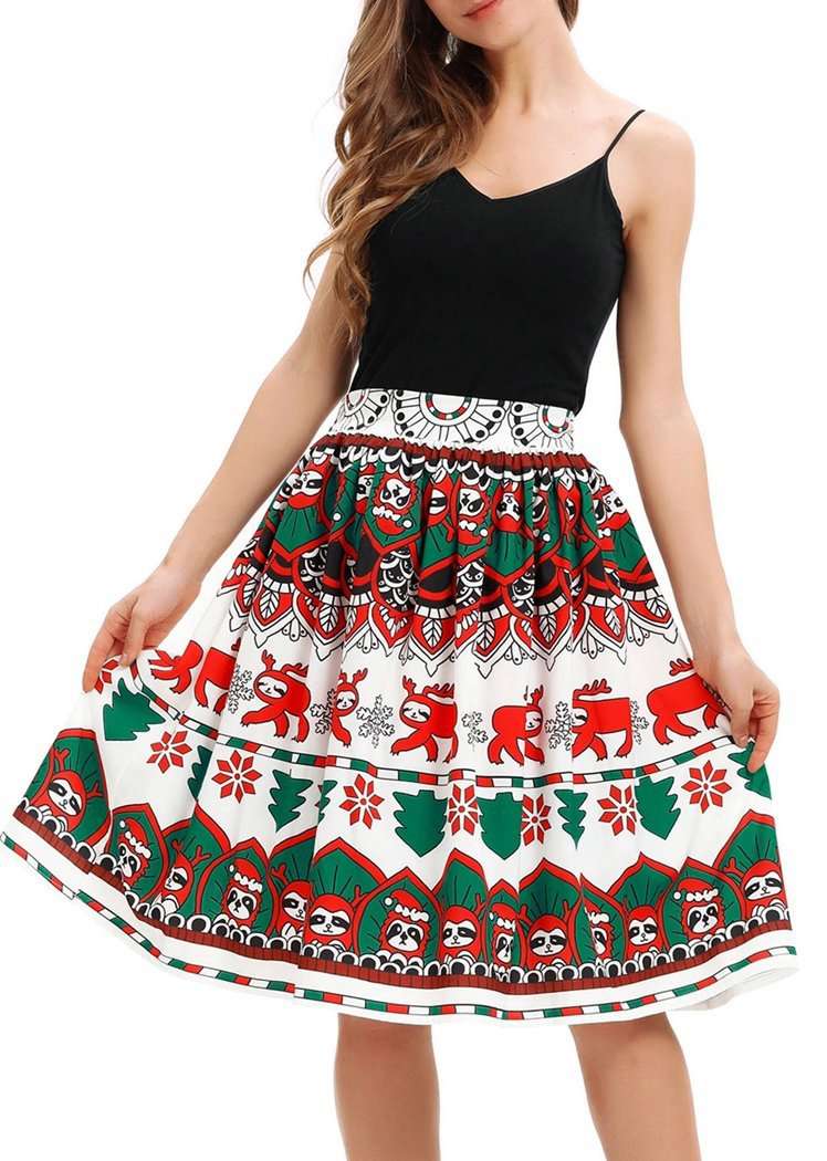 Fashion Women's Christmas Elves Print Striped Knee-Length Dress