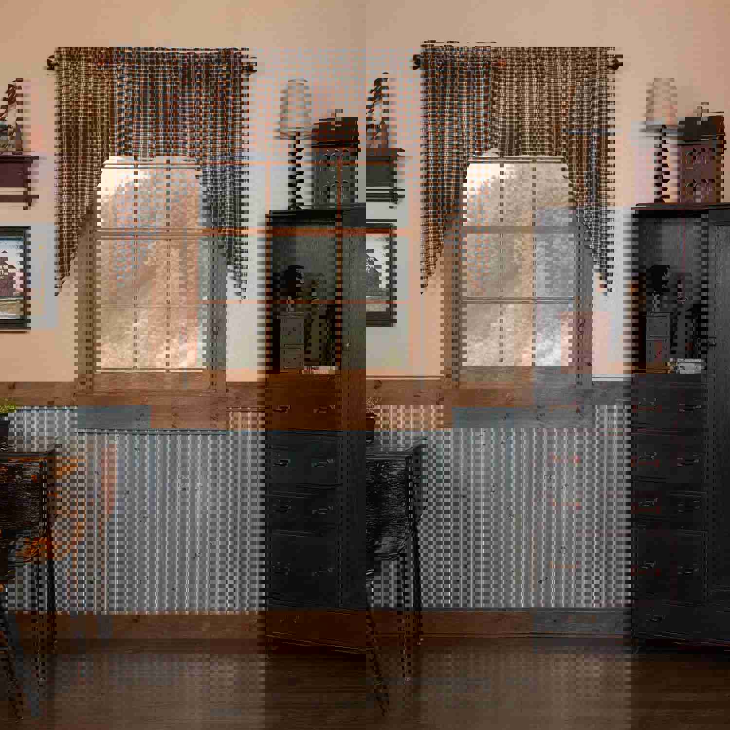 Primitive Swag Set Bingham Star Plaid Black Red Americana Kitchen Curtains