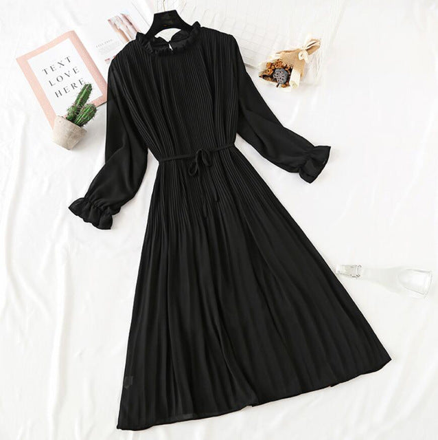 Elegant Polka Dot Women Dress - Vintage A-Line Chiffon Dress with Flare Sleeves