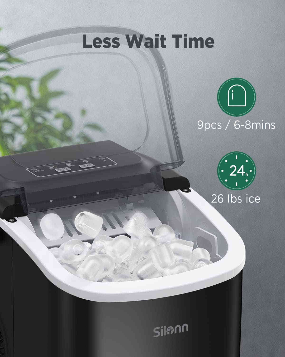 Countertop Ice Maker - 9 Cubes in 6 Mins, 26Lbs/24Hrs, Self-Cleaning with Ice Scoop & Basket, 2 Ice Sizes, Black