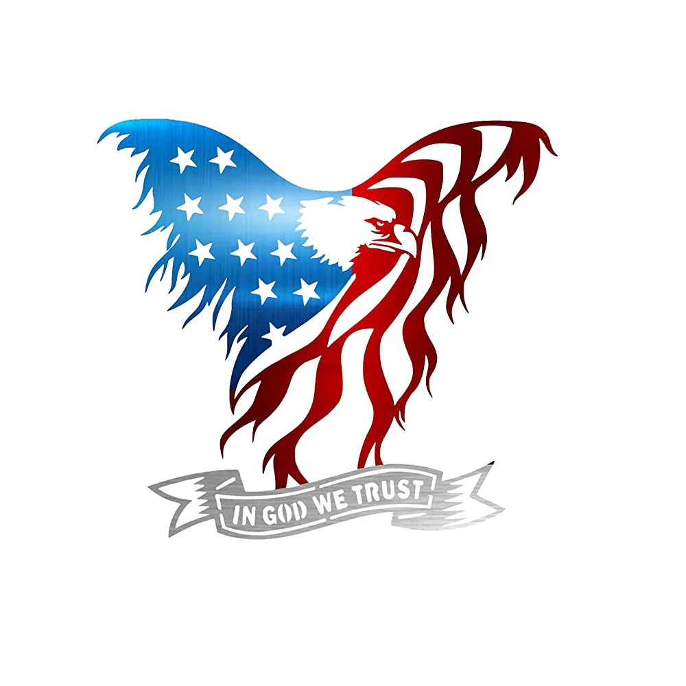 Precision Metal Art Laser Cut American Eagle Steel Wall Art with ‘In God We Trust’ Banner – 30” Patriotic 3D Wall Décor