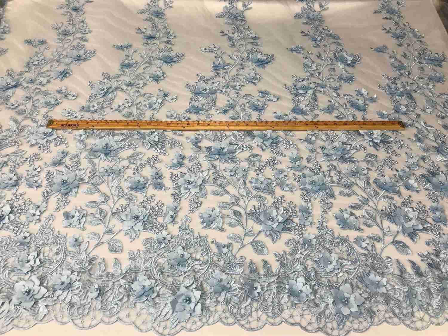 Baby Blue 3D Floral Embroidered Mesh Lace with Pearls for Prom Dresses and Nightgowns