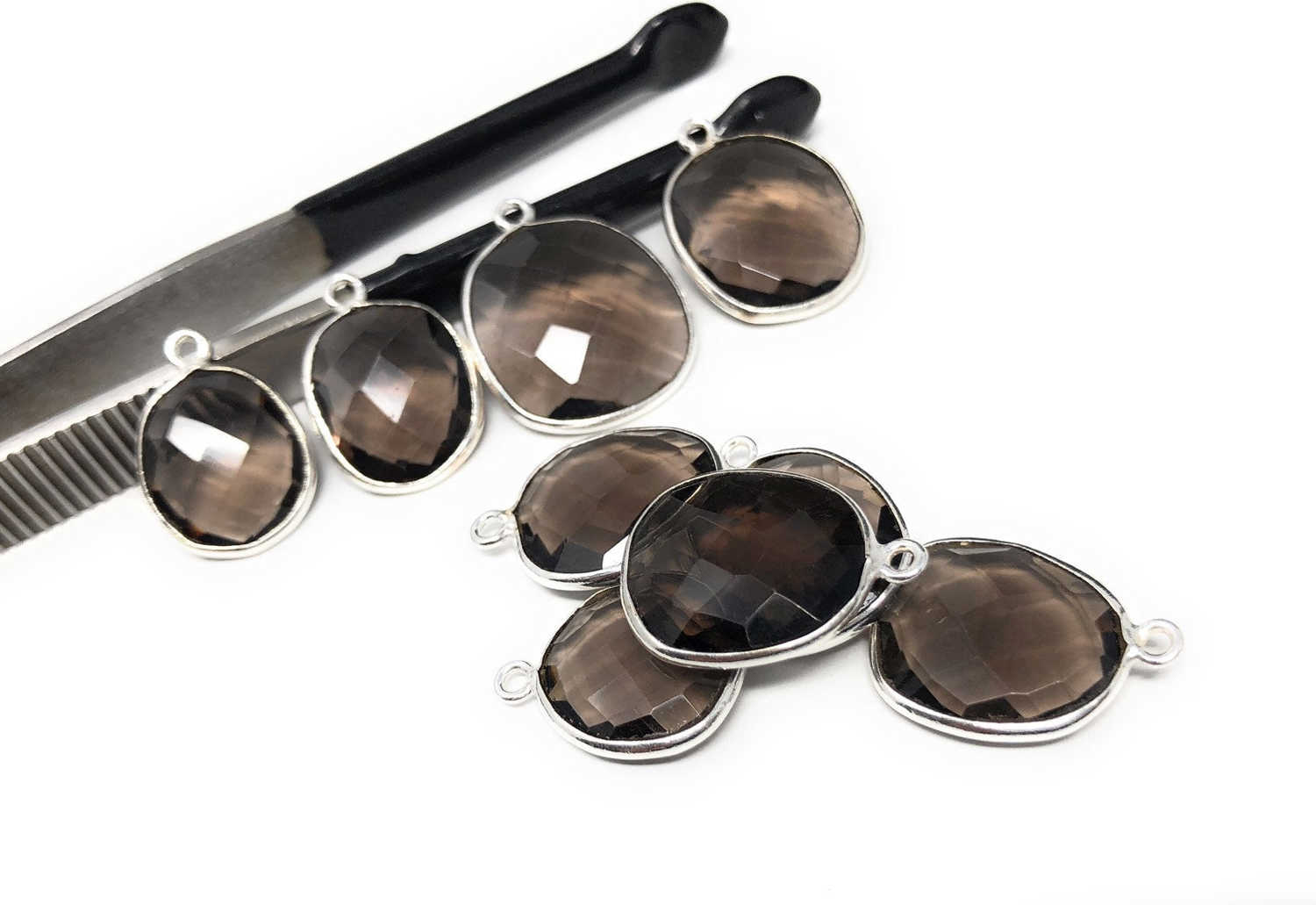 5Pcs Smokey Quartz Charms, Sterling Silver Gemstone Charms for DIY Jewelry Making