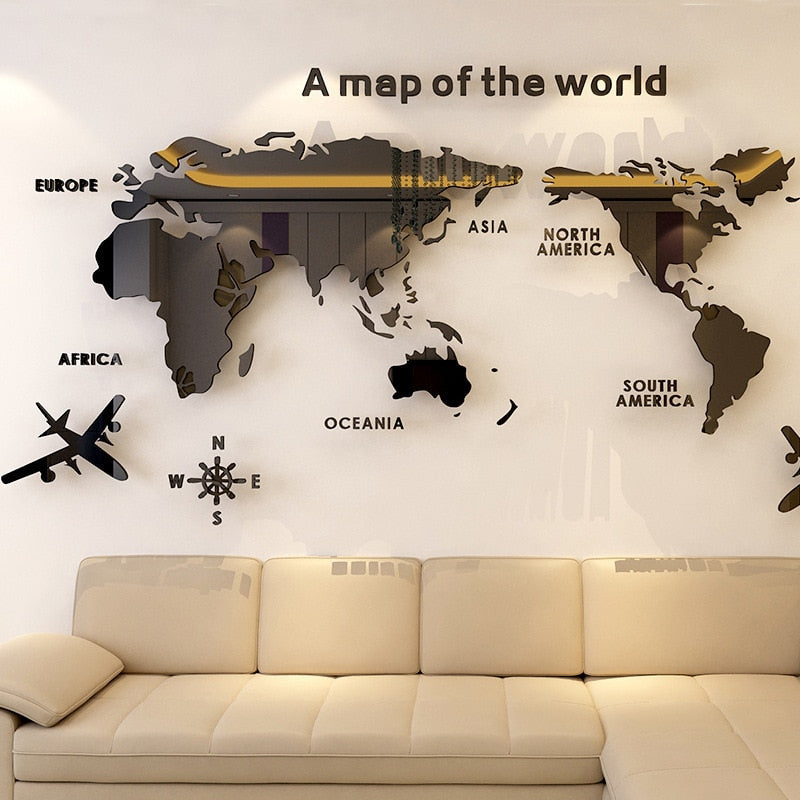 Creative World Map Acrylic 3D Wall Sticker for Living Room, Bedroom, and Office Decoration