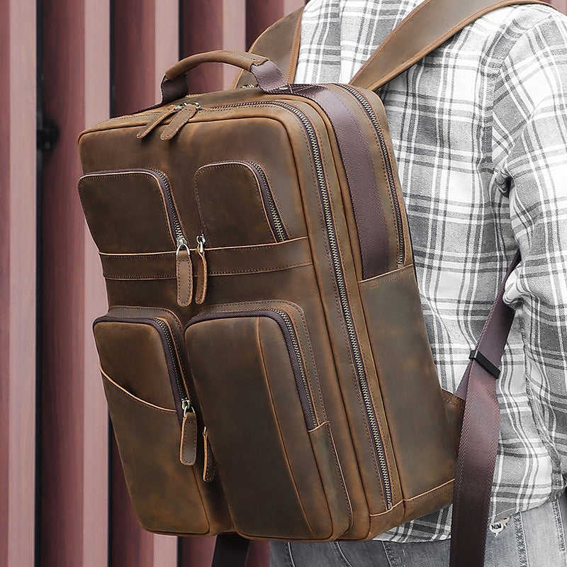 Crazy Horse Leather Backpack - Large Capacity Travel Bag for 15.6 Inch Laptop