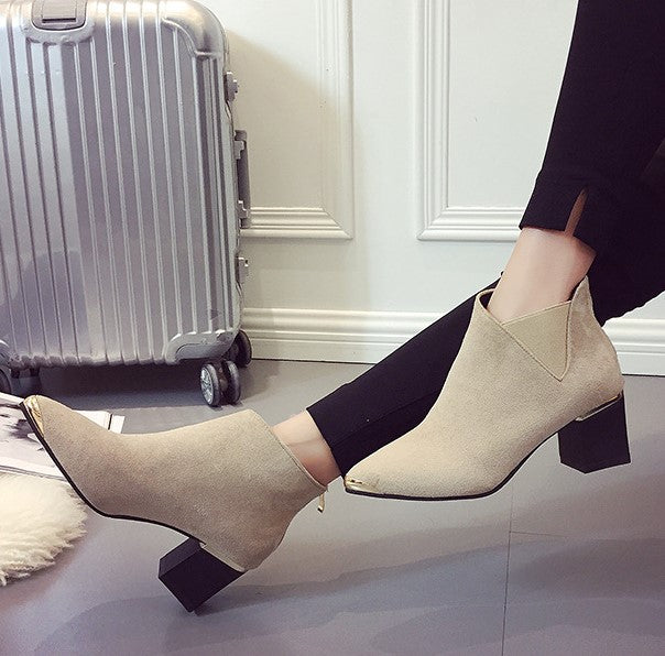 Women's PU Leather Square-Heeled Ankle Boots with Metal Decorations for Autumn/Winter