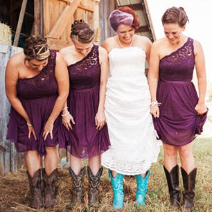 Purple Lace One Shoulder A-line Rustic Country Chiffon Bridesmaid Dresses with Cowgirl Boots, GDC1501