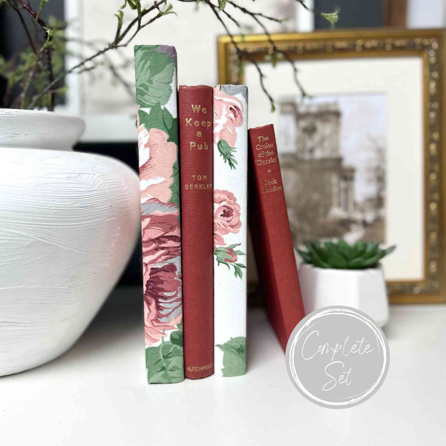 Pink and Red Floral Book Set - Decorative Shelf Accessory