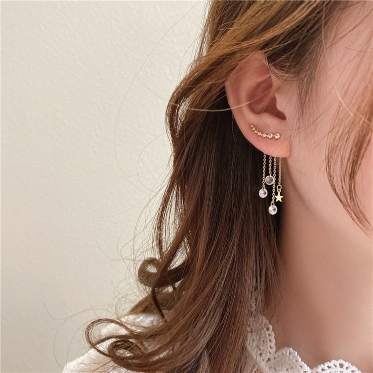 Elegant Women's Copper Inlaid Zircon Leaf Long Five-Pointed Star Tassel Earrings