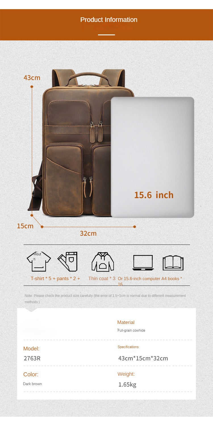 Crazy Horse Leather Backpack - Large Capacity Travel Bag for 15.6 Inch Laptop