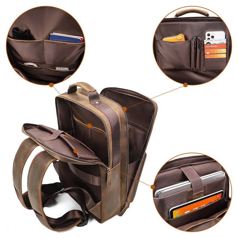 Crazy Horse Leather Backpack - Large Capacity Travel Bag for 15.6 Inch Laptop