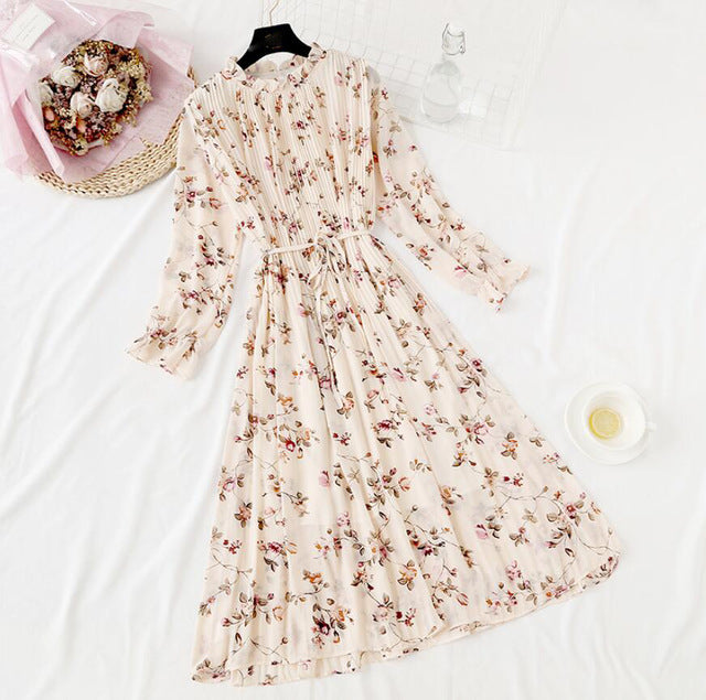 Elegant Polka Dot Women Dress - Vintage A-Line Chiffon Dress with Flare Sleeves