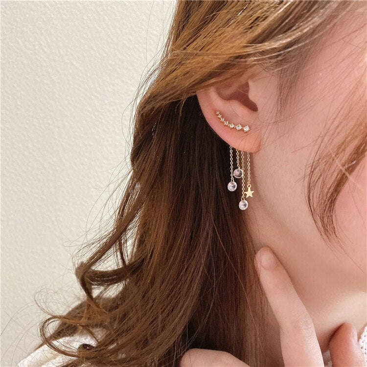 Elegant Women's Copper Inlaid Zircon Leaf Long Five-Pointed Star Tassel Earrings