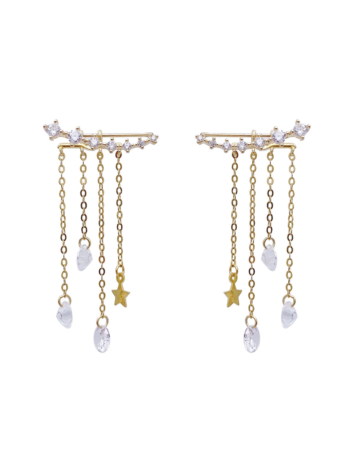 Elegant Women's Copper Inlaid Zircon Leaf Long Five-Pointed Star Tassel Earrings